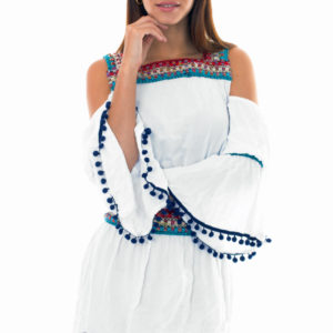 Weißes Strandkleid mit Makrameebesatz - Knitted Tunic