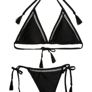 Schwarzer Bikini, Lochoptik, Pompons gefranst - DESPI